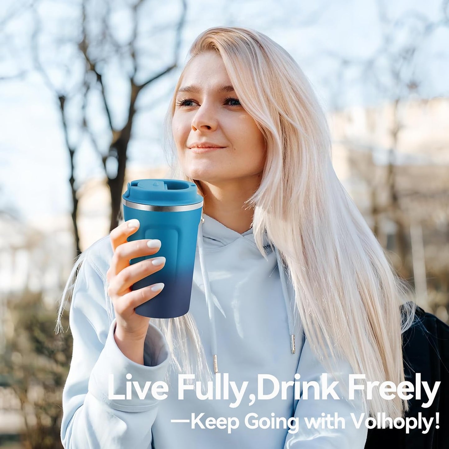 Volhoply 12 oz Double Wall Insulated Vacuum Travel Coffee Mug with Flip Lid,Reusable Stainless Steel Leak Proof Coffee Cup,Portable Cafe Thermal Tumbler Suitable for Hot&Cold Drinks(Dark Night,1 Set)