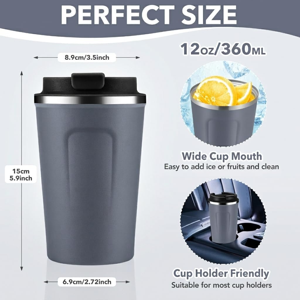 Volhoply 12 oz Double Wall Insulated Vacuum Travel Coffee Mug with Flip Lid,Reusable Stainless Steel Leak Proof Coffee Cup,Portable Cafe Thermal Tumbler Suitable for Hot&Cold Drinks(Dark Night,1 Set)