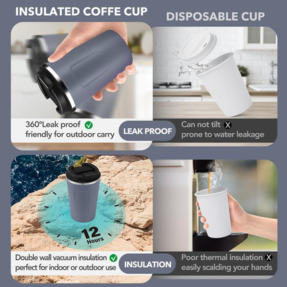 Volhoply 12 oz Double Wall Insulated Vacuum Travel Coffee Mug with Flip Lid,Reusable Stainless Steel Leak Proof Coffee Cup,Portable Cafe Thermal Tumbler Suitable for Hot&Cold Drinks(Dark Night,1 Set)
