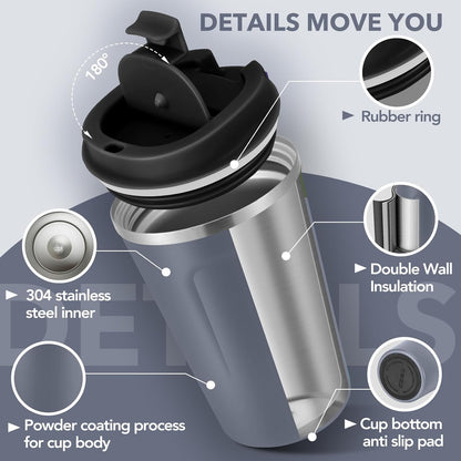 Volhoply 12 oz Double Wall Insulated Vacuum Travel Coffee Mug with Flip Lid,Reusable Stainless Steel Leak Proof Coffee Cup,Portable Cafe Thermal Tumbler Suitable for Hot&Cold Drinks(Dark Night,1 Set)