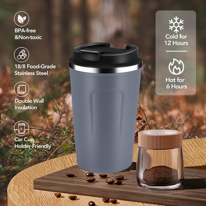 Volhoply 12 oz Double Wall Insulated Vacuum Travel Coffee Mug with Flip Lid,Reusable Stainless Steel Leak Proof Coffee Cup,Portable Cafe Thermal Tumbler Suitable for Hot&Cold Drinks(Dark Night,1 Set)