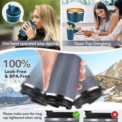 Volhoply 12 oz Double Wall Insulated Vacuum Travel Coffee Mug with Flip Lid,Reusable Stainless Steel Leak Proof Coffee Cup,Portable Cafe Thermal Tumbler Suitable for Hot&Cold Drinks(Dark Night,1 Set)