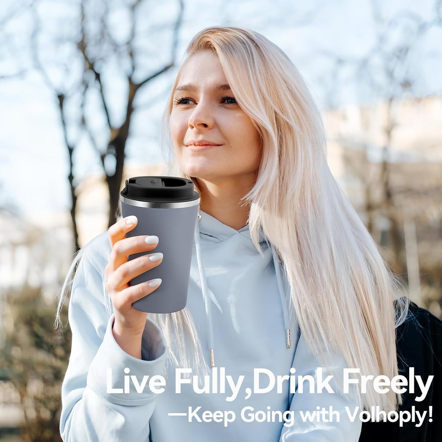 Volhoply 12 oz Double Wall Insulated Vacuum Travel Coffee Mug with Flip Lid,Reusable Stainless Steel Leak Proof Coffee Cup,Portable Cafe Thermal Tumbler Suitable for Hot&Cold Drinks(Dark Night,1 Set)