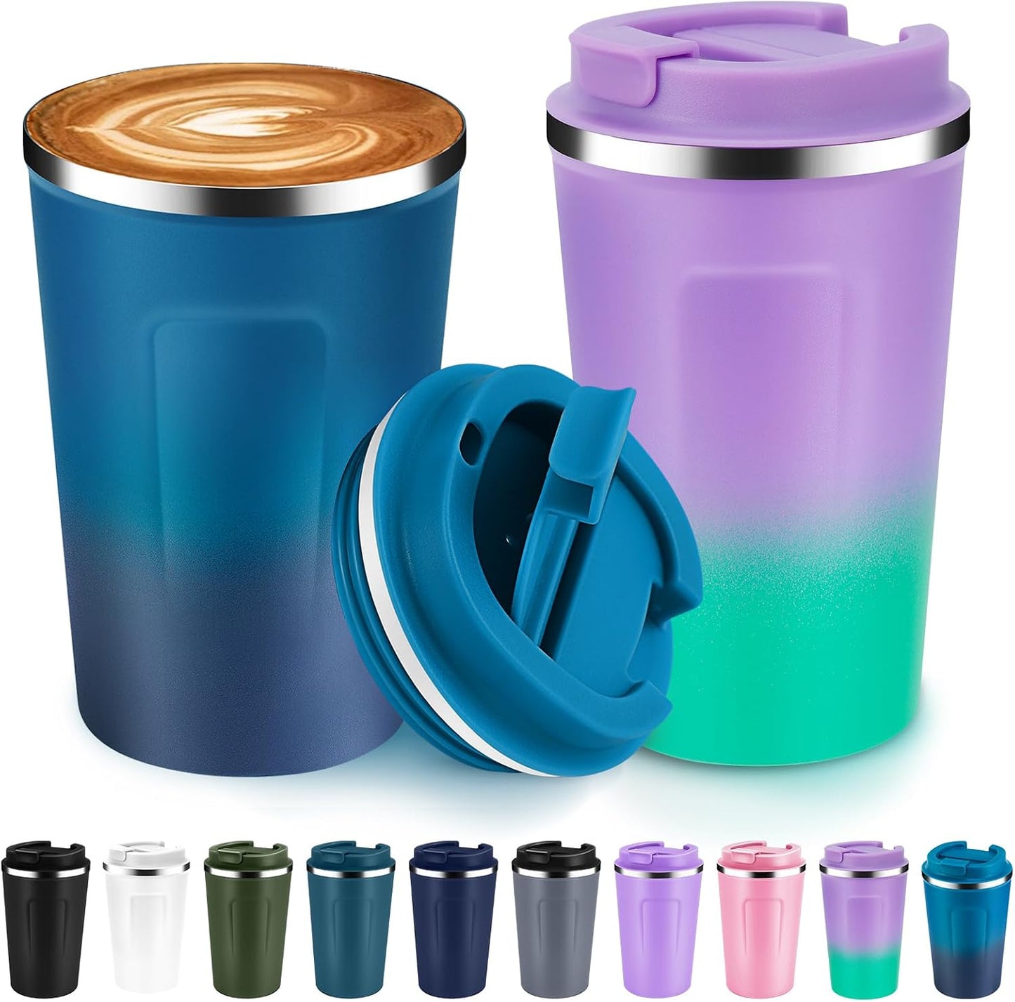 Volhoply 12 oz Double Wall Insulated Vacuum Travel Coffee Mug with Flip Lid,Reusable Stainless Steel Leak Proof Coffee Cup,Portable Cafe Thermal Tumbler Suitable for Hot&Cold Drinks(Dark Night,1 Set)