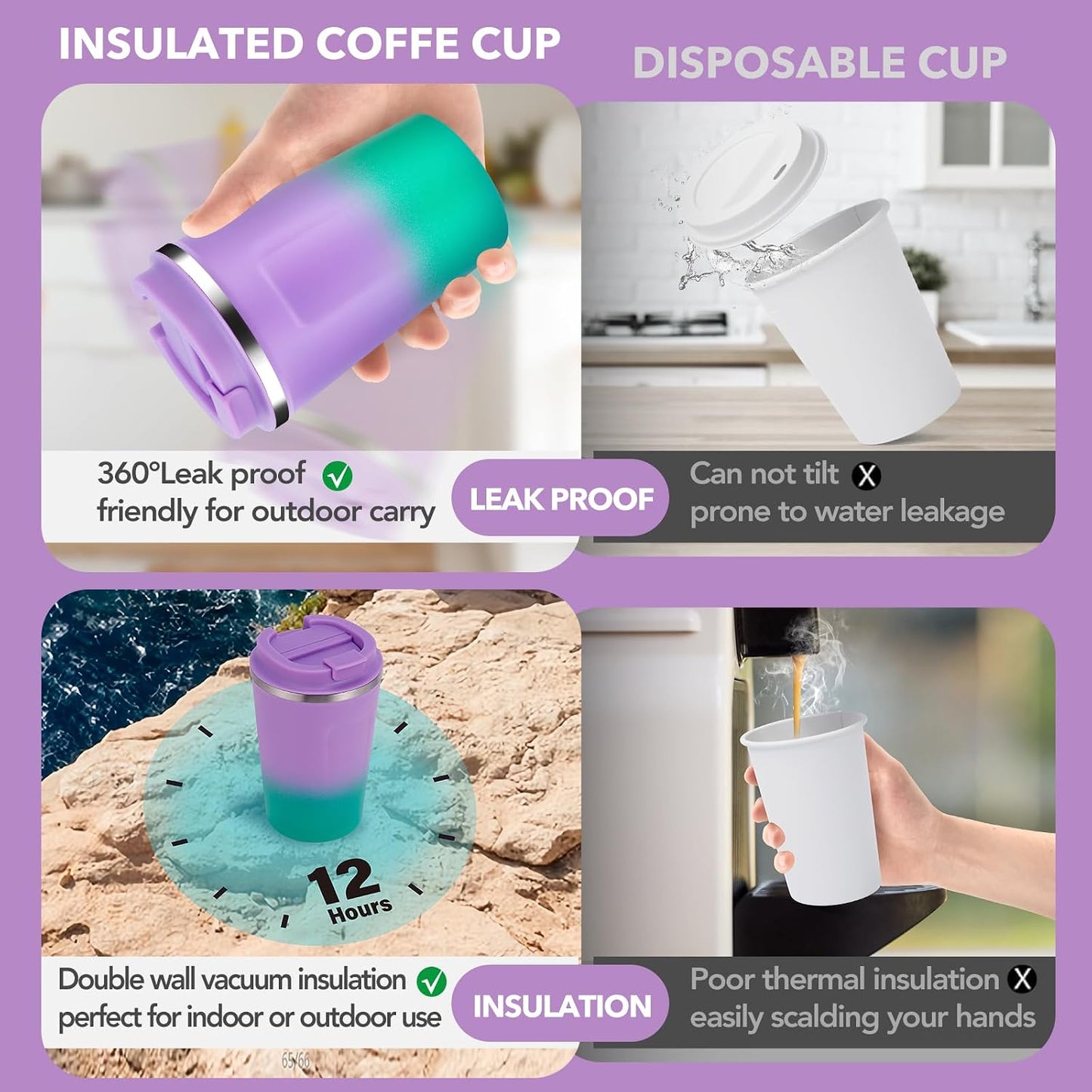 Volhoply 12 oz Double Wall Insulated Vacuum Travel Coffee Mug with Flip Lid,Reusable Stainless Steel Leak Proof Coffee Cup,Portable Cafe Thermal Tumbler Suitable for Hot&Cold Drinks(Dark Night,1 Set)