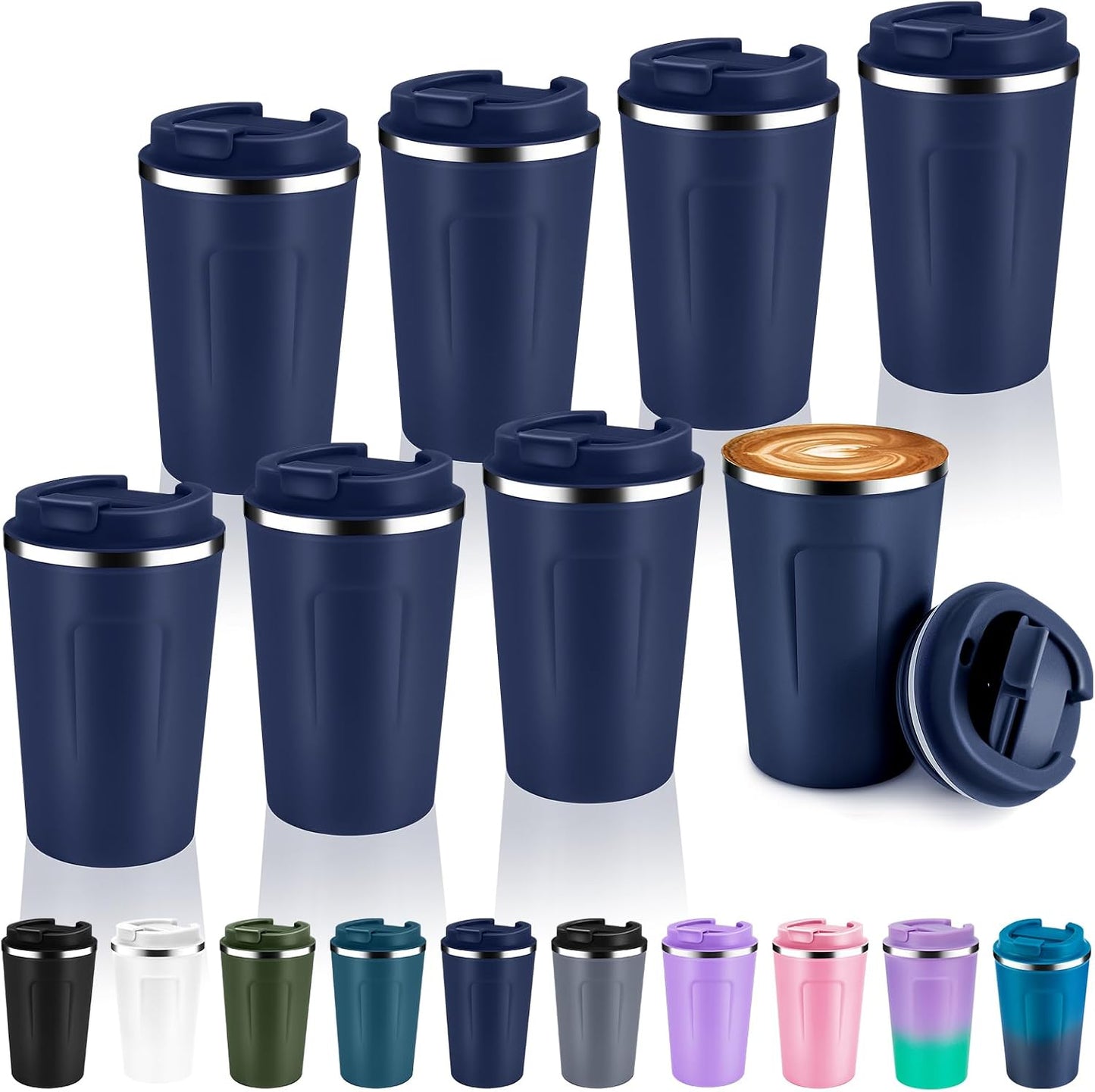 Volhoply 12 oz Double Wall Insulated Vacuum Travel Coffee Mug with Flip Lid,Reusable Stainless Steel Leak Proof Coffee Cup,Portable Cafe Thermal Tumbler Suitable for Hot&Cold Drinks(Dark Night,1 Set)