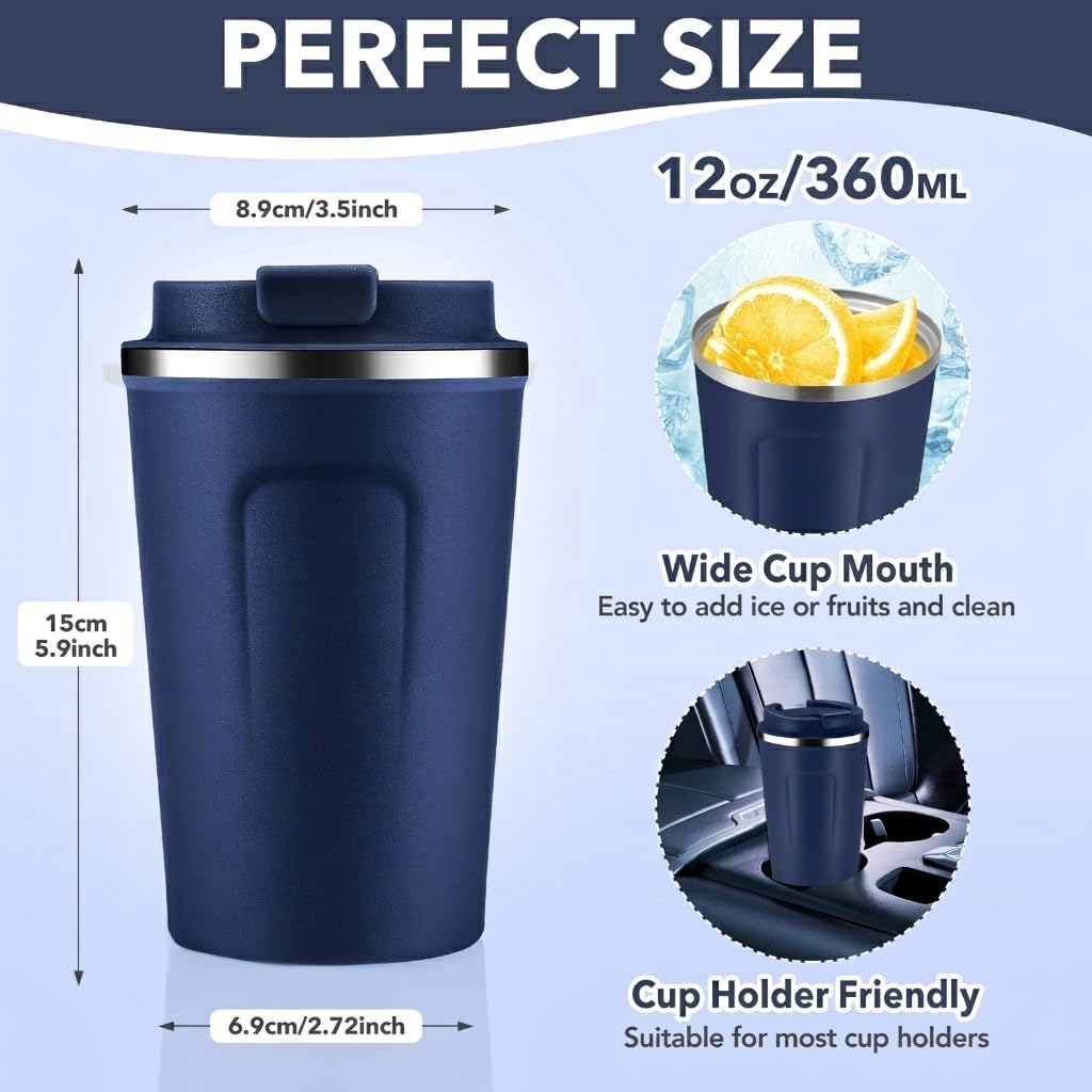 Volhoply 12 oz Double Wall Insulated Vacuum Travel Coffee Mug with Flip Lid,Reusable Stainless Steel Leak Proof Coffee Cup,Portable Cafe Thermal Tumbler Suitable for Hot&Cold Drinks(Dark Night,1 Set)