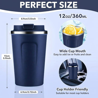 Volhoply 12 oz Double Wall Insulated Vacuum Travel Coffee Mug with Flip Lid,Reusable Stainless Steel Leak Proof Coffee Cup,Portable Cafe Thermal Tumbler Suitable for Hot&Cold Drinks(Dark Night,1 Set)
