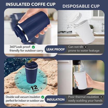 Volhoply 12 oz Double Wall Insulated Vacuum Travel Coffee Mug with Flip Lid,Reusable Stainless Steel Leak Proof Coffee Cup,Portable Cafe Thermal Tumbler Suitable for Hot&Cold Drinks(Dark Night,1 Set)