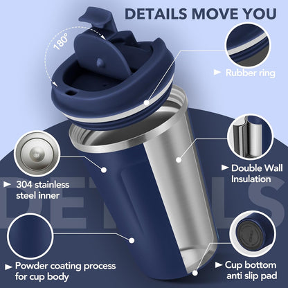Volhoply 12 oz Double Wall Insulated Vacuum Travel Coffee Mug with Flip Lid,Reusable Stainless Steel Leak Proof Coffee Cup,Portable Cafe Thermal Tumbler Suitable for Hot&Cold Drinks(Dark Night,1 Set)
