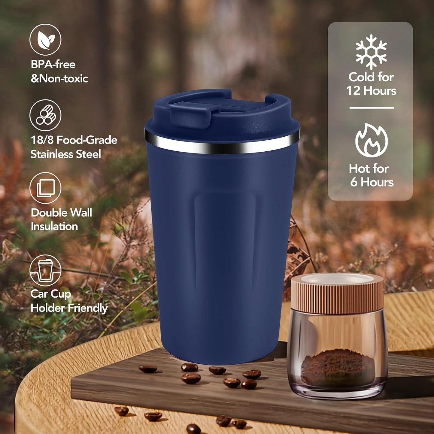 Volhoply 12 oz Double Wall Insulated Vacuum Travel Coffee Mug with Flip Lid,Reusable Stainless Steel Leak Proof Coffee Cup,Portable Cafe Thermal Tumbler Suitable for Hot&Cold Drinks(Dark Night,1 Set)