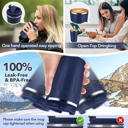 Volhoply 12 oz Double Wall Insulated Vacuum Travel Coffee Mug with Flip Lid,Reusable Stainless Steel Leak Proof Coffee Cup,Portable Cafe Thermal Tumbler Suitable for Hot&Cold Drinks(Dark Night,1 Set)
