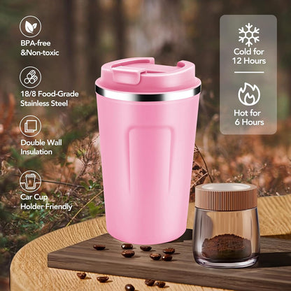 Volhoply 12 oz Double Wall Insulated Vacuum Travel Coffee Mug with Flip Lid,Reusable Stainless Steel Leak Proof Coffee Cup,Portable Cafe Thermal Tumbler Suitable for Hot&Cold Drinks(Dark Night,1 Set)