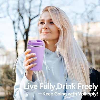 Volhoply 12 oz Double Wall Insulated Vacuum Travel Coffee Mug with Flip Lid,Reusable Stainless Steel Leak Proof Coffee Cup,Portable Cafe Thermal Tumbler Suitable for Hot&Cold Drinks(Dark Night,1 Set)