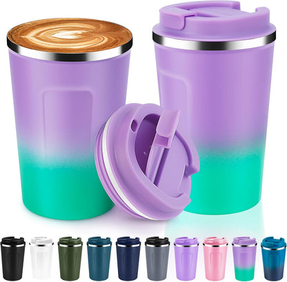 Volhoply 12 oz Double Wall Insulated Vacuum Travel Coffee Mug with Flip Lid,Reusable Stainless Steel Leak Proof Coffee Cup,Portable Cafe Thermal Tumbler Suitable for Hot&Cold Drinks(Dark Night,1 Set)