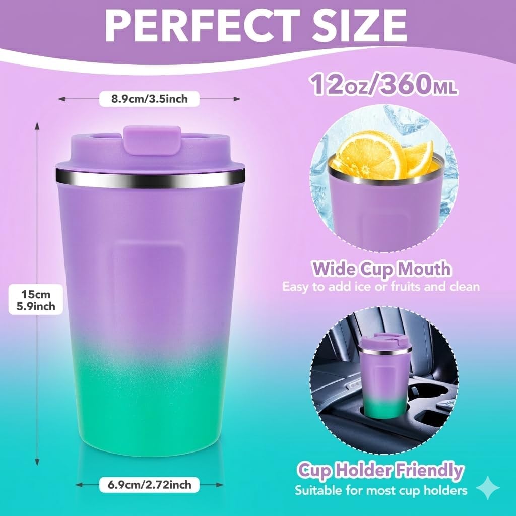 Volhoply 12 oz Double Wall Insulated Vacuum Travel Coffee Mug with Flip Lid,Reusable Stainless Steel Leak Proof Coffee Cup,Portable Cafe Thermal Tumbler Suitable for Hot&Cold Drinks(Dark Night,1 Set)