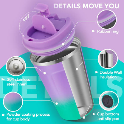 Volhoply 12 oz Double Wall Insulated Vacuum Travel Coffee Mug with Flip Lid,Reusable Stainless Steel Leak Proof Coffee Cup,Portable Cafe Thermal Tumbler Suitable for Hot&Cold Drinks(Dark Night,1 Set)