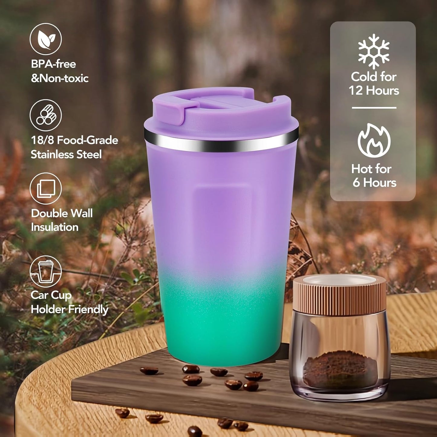 Volhoply 12 oz Double Wall Insulated Vacuum Travel Coffee Mug with Flip Lid,Reusable Stainless Steel Leak Proof Coffee Cup,Portable Cafe Thermal Tumbler Suitable for Hot&Cold Drinks(Dark Night,1 Set)