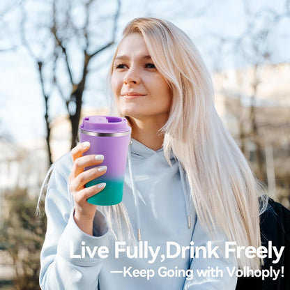 Volhoply 12 oz Double Wall Insulated Vacuum Travel Coffee Mug with Flip Lid,Reusable Stainless Steel Leak Proof Coffee Cup,Portable Cafe Thermal Tumbler Suitable for Hot&Cold Drinks(Dark Night,1 Set)