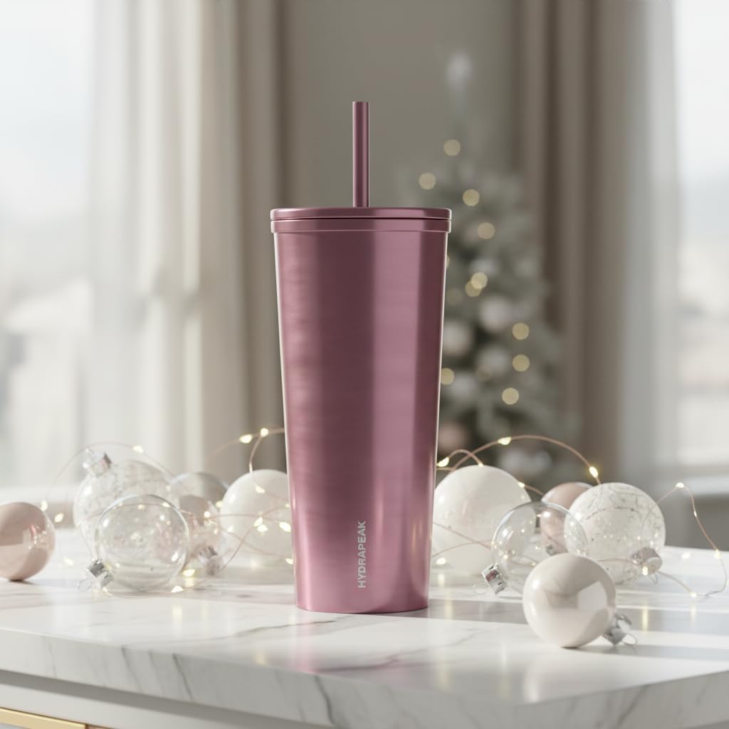 Journey 25 oz Insulated Tumbler with Lid and Straw, Iced Coffee Cup, Reusable Stainless Steel Water Bottle Travel Mug, Gifts for Women Men, Rose Metalic