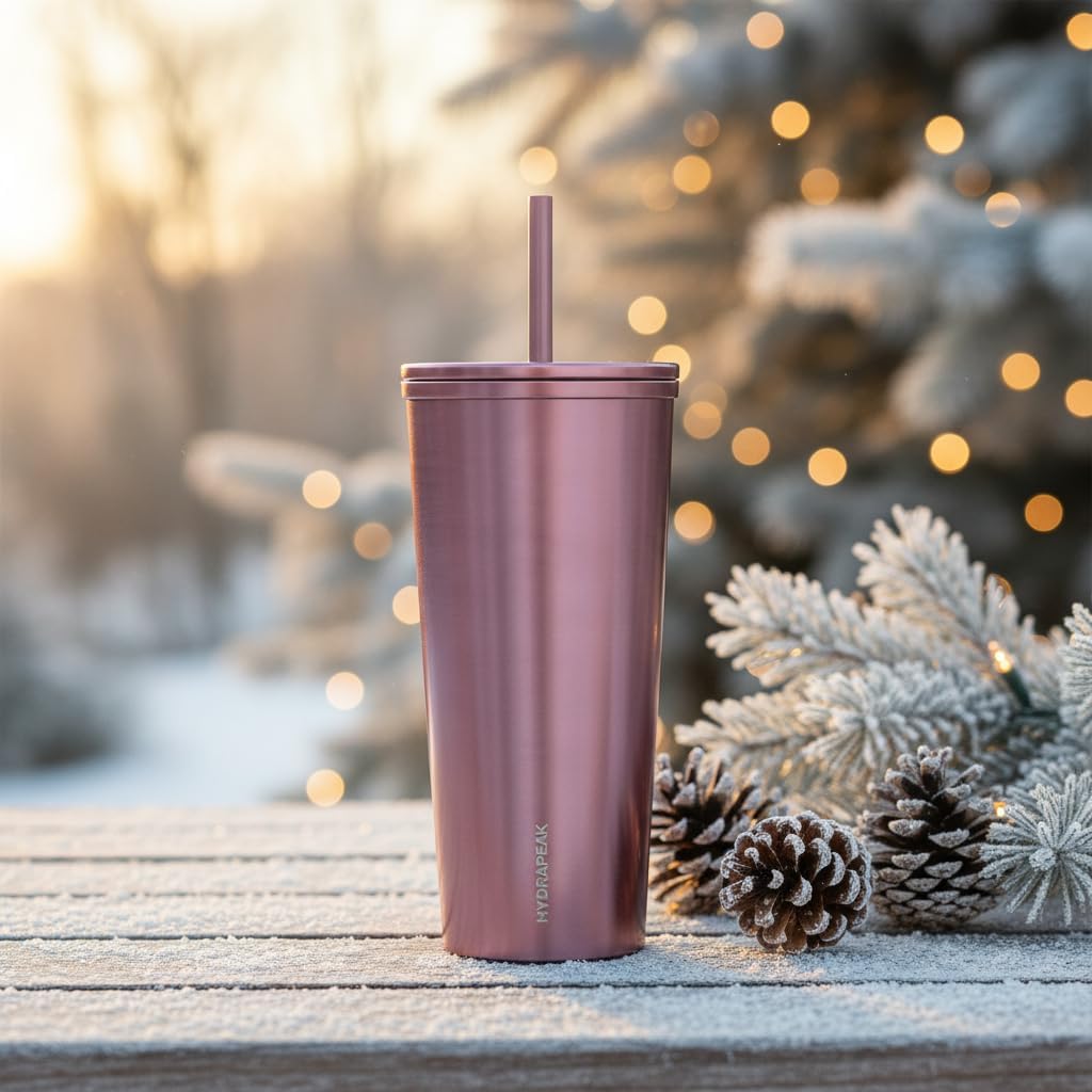 Journey 25 oz Insulated Tumbler with Lid and Straw, Iced Coffee Cup, Reusable Stainless Steel Water Bottle Travel Mug, Gifts for Women Men, Rose Metalic