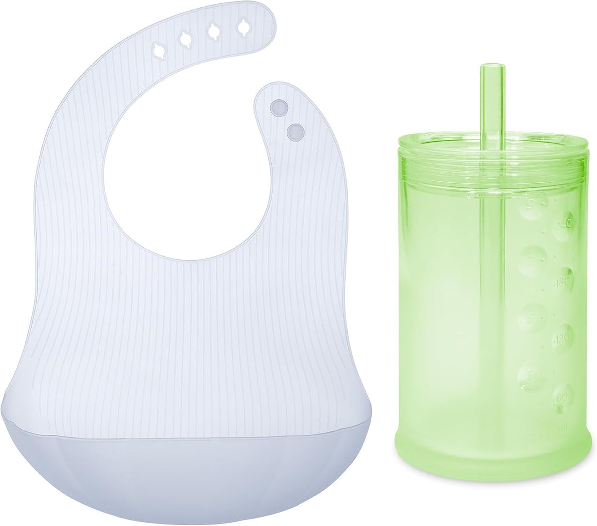 Silicone Training Cup with Straw Lid Bundle 9oz Kiwi Fold N Go Silicone Baby Bib w Travel Case (Blueberry)