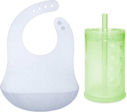 Silicone Training Cup with Straw Lid Bundle 9oz Kiwi Fold N Go Silicone Baby Bib w Travel Case (Blueberry)