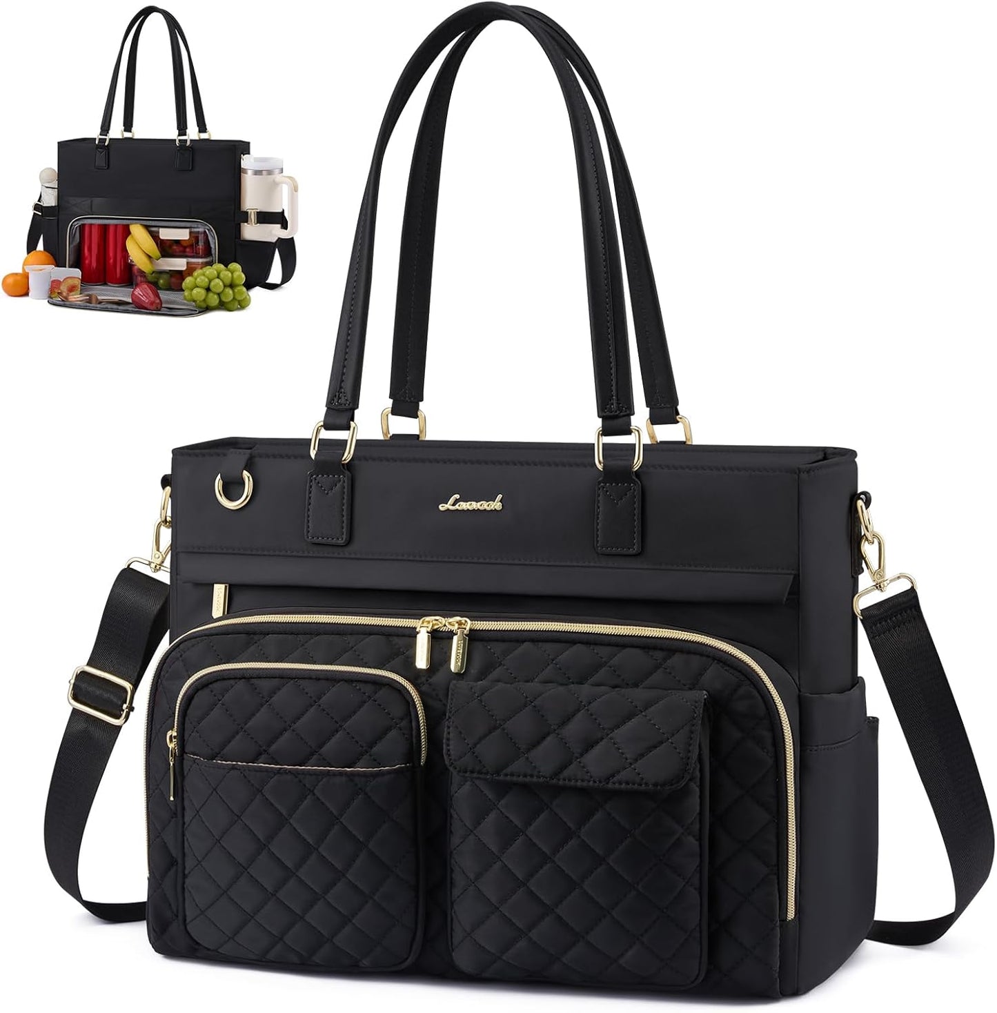 Insulated Lunch Tote Bag for Women, Work Bag for Women with Cup Holder, Large Capacity Teacher Bag with Laptop Compartment, Water Resistant Nurse Tote for Travel, College, 15.6 Inch Black