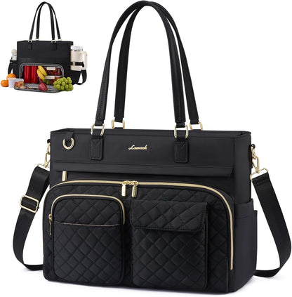 Insulated Lunch Tote Bag for Women, Work Bag for Women with Cup Holder, Large Capacity Teacher Bag with Laptop Compartment, Water Resistant Nurse Tote for Travel, College, 15.6 Inch Black