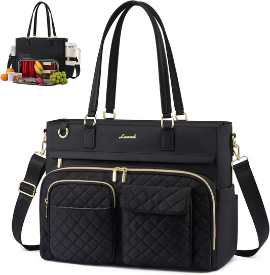 Insulated Lunch Tote Bag for Women, Work Bag for Women with Cup Holder, Large Capacity Teacher Bag with Laptop Compartment, Water Resistant Nurse Tote for Travel, College, 15.6 Inch Black
