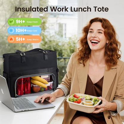 Insulated Lunch Tote Bag for Women, Work Bag for Women with Cup Holder, Large Capacity Teacher Bag with Laptop Compartment, Water Resistant Nurse Tote for Travel, College, 15.6 Inch Black