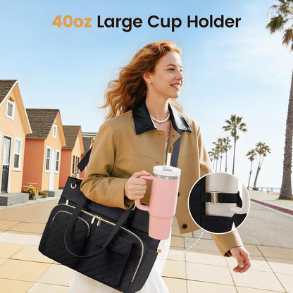 Insulated Lunch Tote Bag for Women, Work Bag for Women with Cup Holder, Large Capacity Teacher Bag with Laptop Compartment, Water Resistant Nurse Tote for Travel, College, 15.6 Inch Black