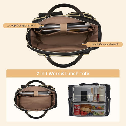 Insulated Lunch Tote Bag for Women, Work Bag for Women with Cup Holder, Large Capacity Teacher Bag with Laptop Compartment, Water Resistant Nurse Tote for Travel, College, 15.6 Inch Black