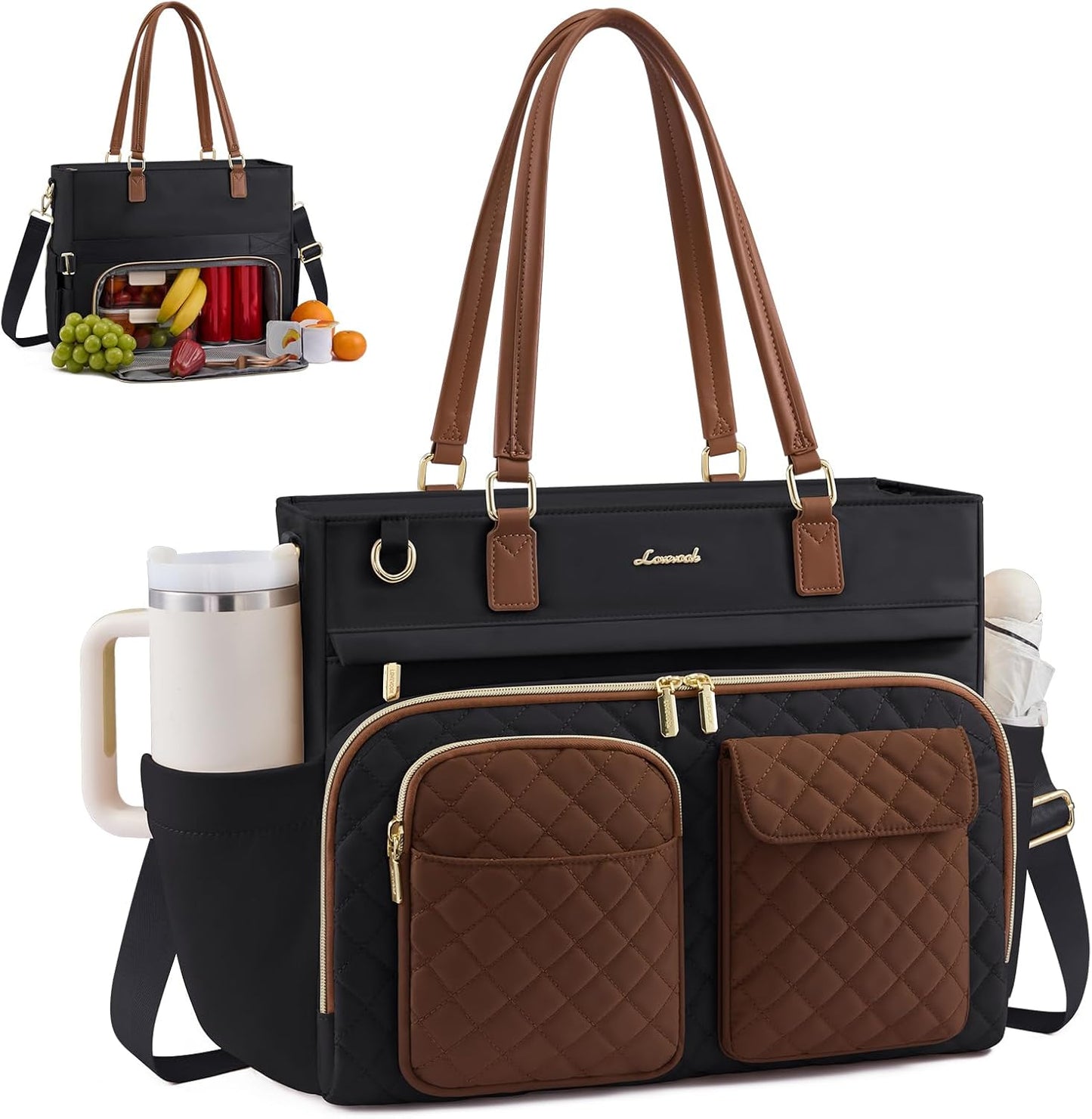 Insulated Lunch Tote Bag for Women, Work Bag for Women with Cup Holder, Large Capacity Teacher Bag with Laptop Compartment, Water Resistant Nurse Tote for Travel, College, 15.6 Inch Black