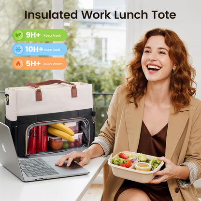 Insulated Lunch Tote Bag for Women, Work Bag for Women with Cup Holder, Large Capacity Teacher Bag with Laptop Compartment, Water Resistant Nurse Tote for Travel, College, 15.6 Inch Black