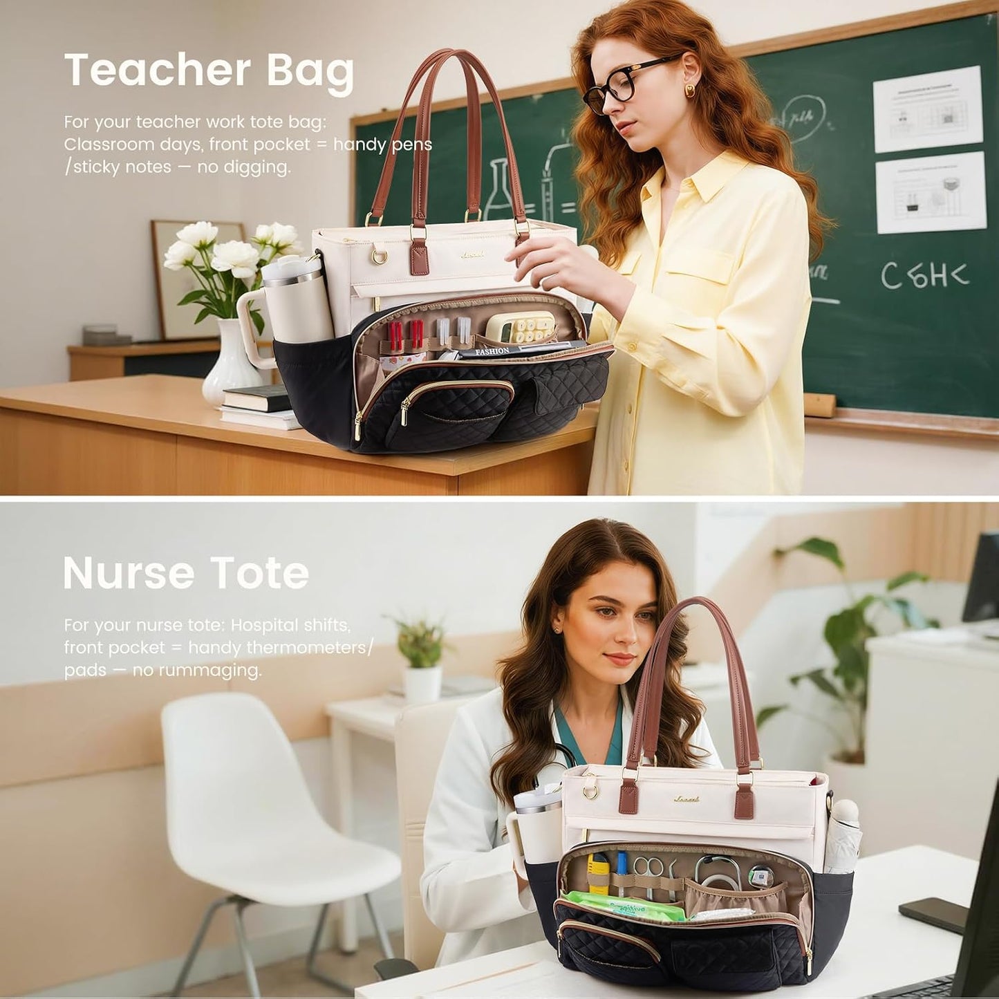 Insulated Lunch Tote Bag for Women, Work Bag for Women with Cup Holder, Large Capacity Teacher Bag with Laptop Compartment, Water Resistant Nurse Tote for Travel, College, 15.6 Inch Black