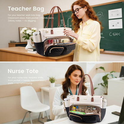 Insulated Lunch Tote Bag for Women, Work Bag for Women with Cup Holder, Large Capacity Teacher Bag with Laptop Compartment, Water Resistant Nurse Tote for Travel, College, 15.6 Inch Black