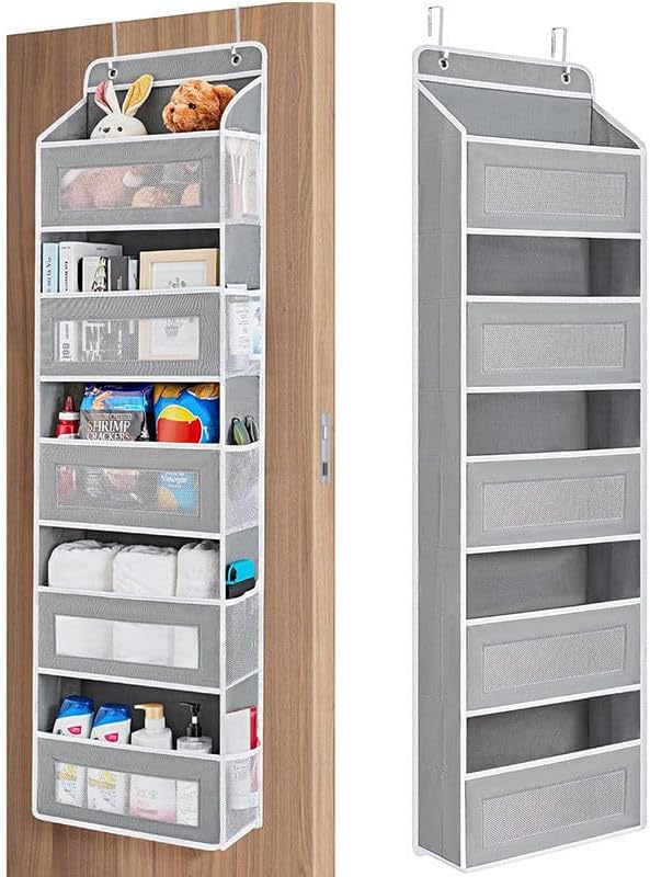 Over The Door Organizer with Anti-Tilt Design, 5 Shelf Hanging Grey Storage Rack Holds 44lb, Large Capacity Pockets for Bedroom Bathroom Pantry Nursery