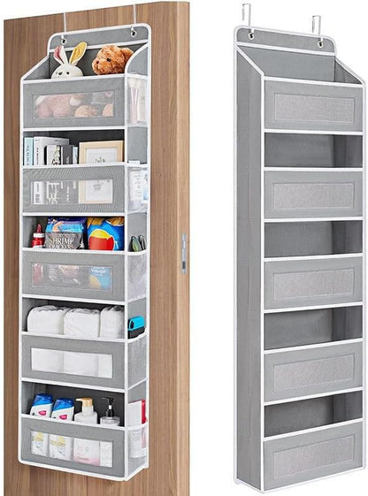 Over The Door Organizer with Anti-Tilt Design, 5 Shelf Hanging Grey Storage Rack Holds 44lb, Large Capacity Pockets for Bedroom Bathroom Pantry Nursery