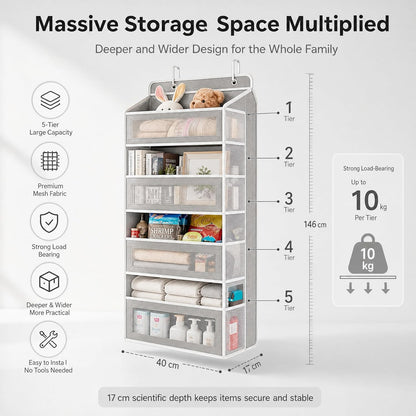 Over The Door Organizer with Anti-Tilt Design, 5 Shelf Hanging Grey Storage Rack Holds 44lb, Large Capacity Pockets for Bedroom Bathroom Pantry Nursery