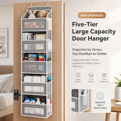 Over The Door Organizer with Anti-Tilt Design, 5 Shelf Hanging Grey Storage Rack Holds 44lb, Large Capacity Pockets for Bedroom Bathroom Pantry Nursery
