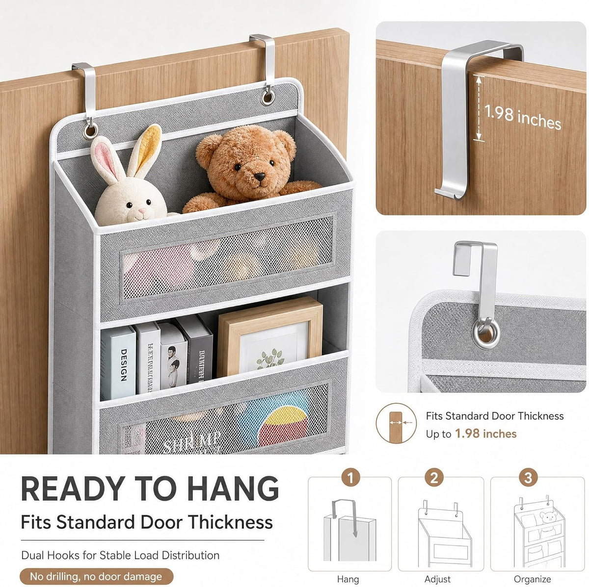 Over The Door Organizer with Anti-Tilt Design, 5 Shelf Hanging Grey Storage Rack Holds 44lb, Large Capacity Pockets for Bedroom Bathroom Pantry Nursery