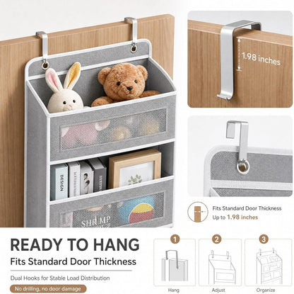 Over The Door Organizer with Anti-Tilt Design, 5 Shelf Hanging Grey Storage Rack Holds 44lb, Large Capacity Pockets for Bedroom Bathroom Pantry Nursery
