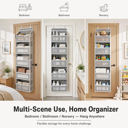 Over The Door Organizer with Anti-Tilt Design, 5 Shelf Hanging Grey Storage Rack Holds 44lb, Large Capacity Pockets for Bedroom Bathroom Pantry Nursery
