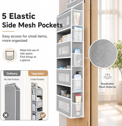 Over The Door Organizer with Anti-Tilt Design, 5 Shelf Hanging Grey Storage Rack Holds 44lb, Large Capacity Pockets for Bedroom Bathroom Pantry Nursery
