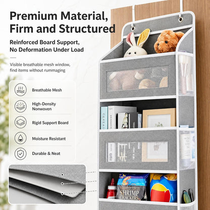 Over The Door Organizer with Anti-Tilt Design, 5 Shelf Hanging Grey Storage Rack Holds 44lb, Large Capacity Pockets for Bedroom Bathroom Pantry Nursery