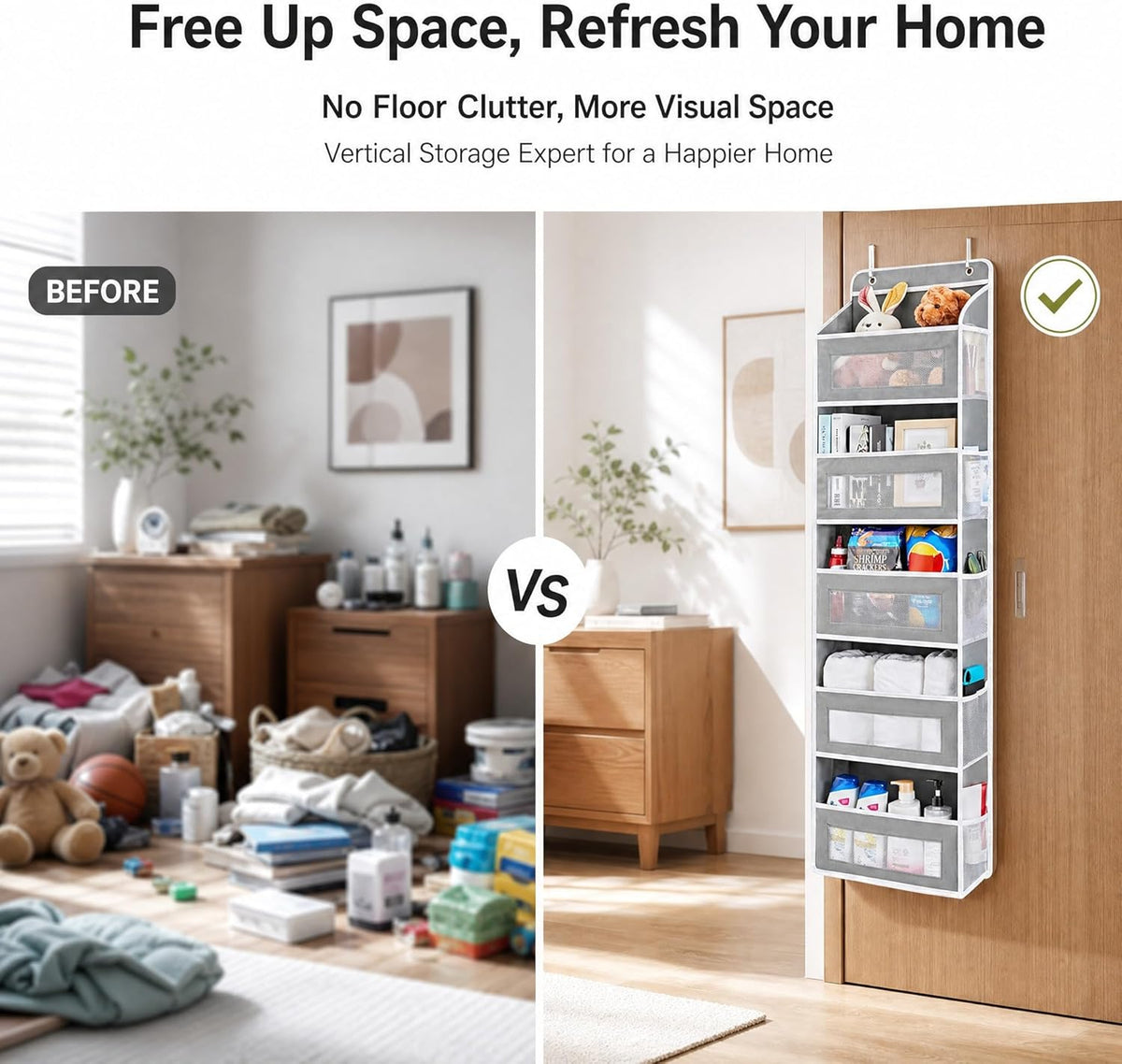 Over The Door Organizer with Anti-Tilt Design, 5 Shelf Hanging Grey Storage Rack Holds 44lb, Large Capacity Pockets for Bedroom Bathroom Pantry Nursery