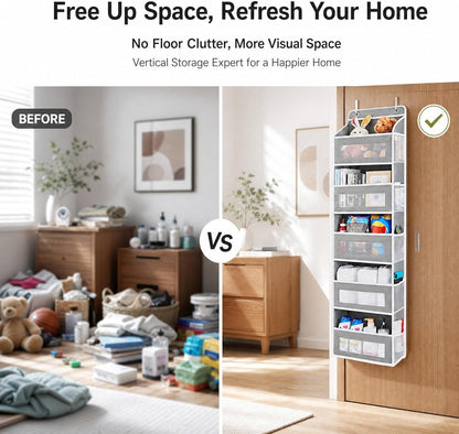 Over The Door Organizer with Anti-Tilt Design, 5 Shelf Hanging Grey Storage Rack Holds 44lb, Large Capacity Pockets for Bedroom Bathroom Pantry Nursery