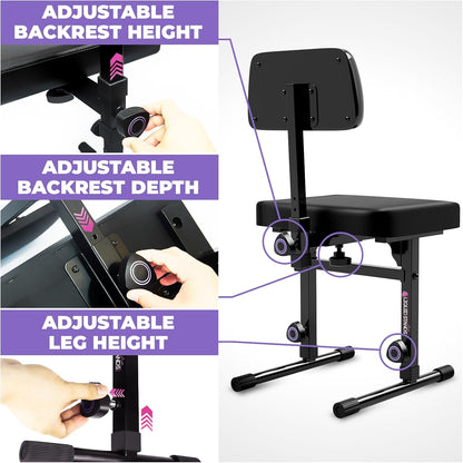 Piano Bench Adjustable Stool – Music Keyboard Bench with Backrest Seat for Piano Keyboard Stand with Black Padded Cushion for Musicians Piano Stool Chair