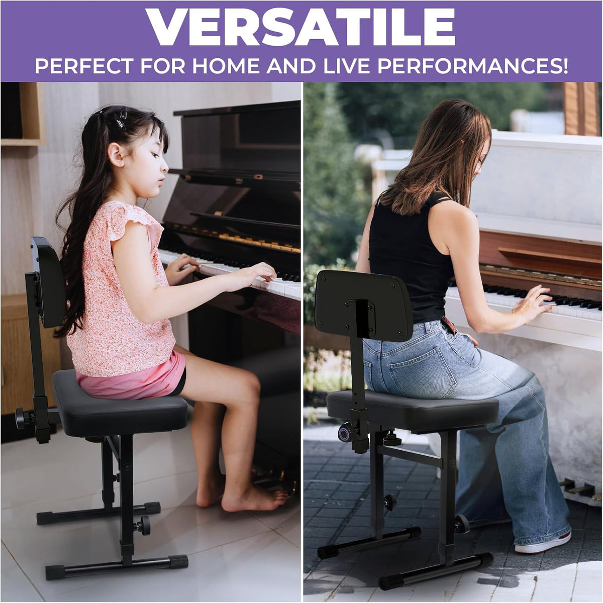 Piano Bench Adjustable Stool – Music Keyboard Bench with Backrest Seat for Piano Keyboard Stand with Black Padded Cushion for Musicians Piano Stool Chair